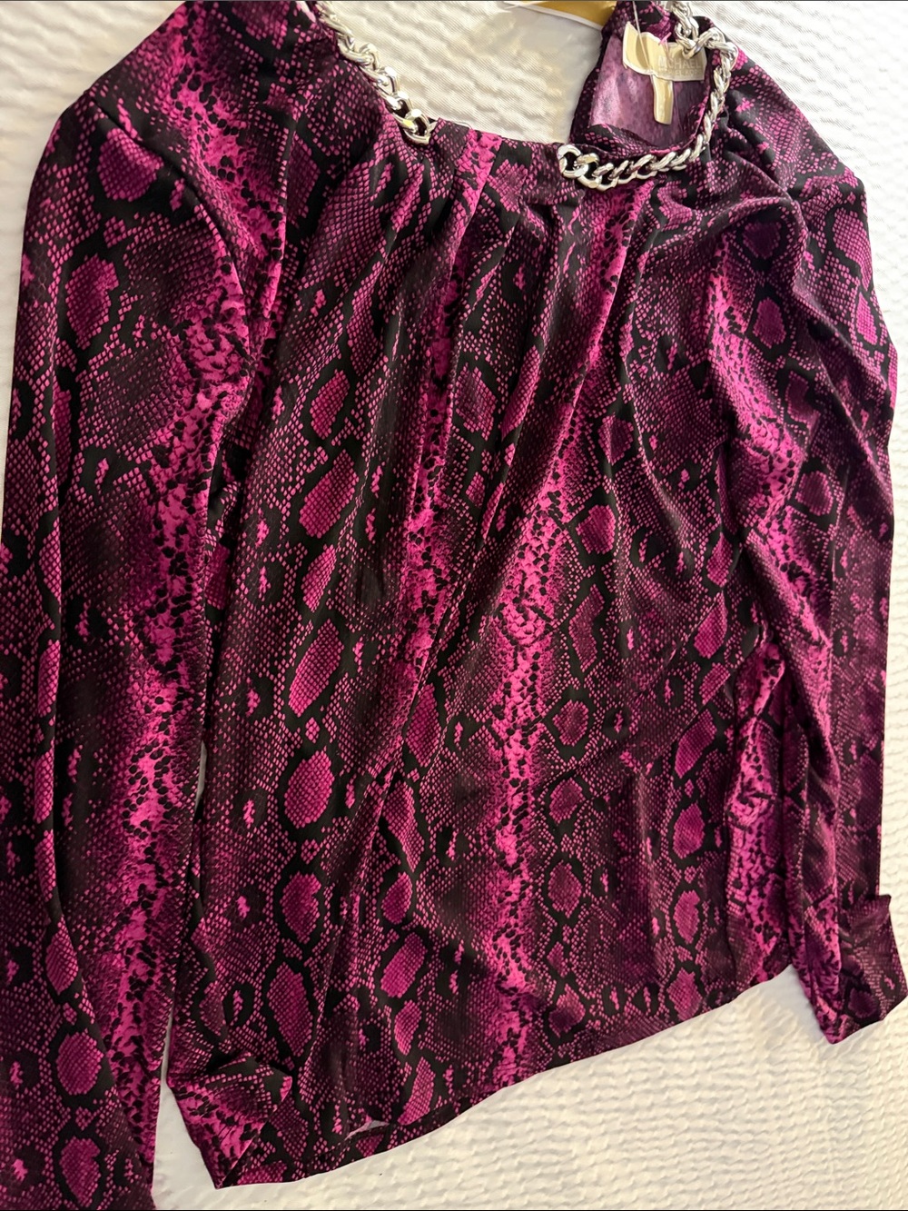 Michael Kors Fuchsia and Black Snake-Print Blouse with Chain Detail